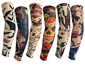 Kingree 6pcs Fake Temporary Tattoo Sleeves, Biker Inspired Body Art Arm Stockings with Most Popular Designs such as Tribal, Skull, Dragons, Tigers, Figures etc, (W Series)