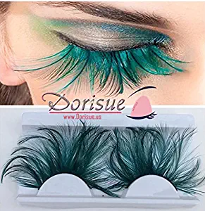 Dorisue Halloween eyelashes Double Lip Black with Green Big Extra Long Feather eyelashes Extra extension Halloween Green Feather Tip False Eyelashes Dance Halloween Costume