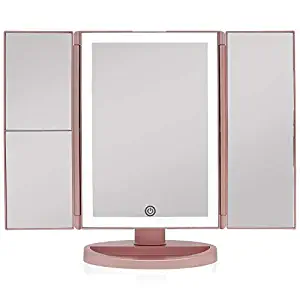 Beautyworks Backlit Makeup Vanity Mirror 36 LED Lights Touch-Screen Light Control, Tri-Fold 1/2/3X Magnification, Portable High-Definition Clarity Cosmetic Light Up Magnifying Mirror (Rose Gold)
