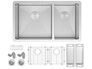 ZUHNE Roma 32 Inch 16G Stainless 60/40 Double Bowl Under Mount Sink W. Grate Protector, Caddy, Colander Set, Strainers and Mounting Brackets