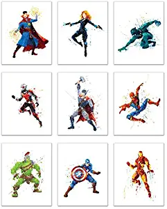 Superhero Avengers Infinity War Watercolor Poster Prints - Set of 9 (8x10) Glossy Wall Art - Black Panther - Captain America - Iron Man - Thor - Spiderman - Ant Man - Black Widow - Doctor Strange - Hu