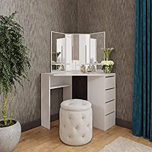 Victory Corner Vanity Table White Makeup Desk with Three-Fold Mirrors and 4 Drawers Bedroom Dressing Table