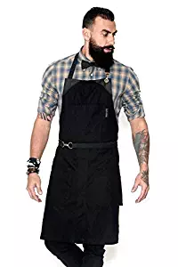 Under NY Sky No-Tie Deep Black Apron - Durable Twill with Leather Reinforcement and Split-Leg - Adjustable for Men and Women - Pro Barber, Tattoo, Barista, Bartender, Baker, Hair Stylist, Server Apron