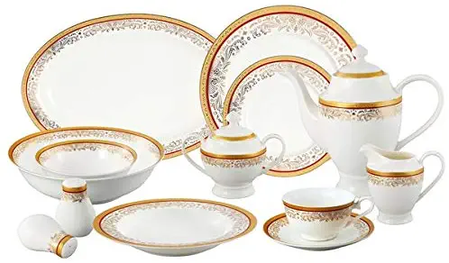 Lorren Home Trends La Luna Collection Bone China 57-Piece Red and 24K Gold Design Dinnerware Set, Service for 8