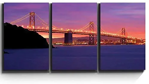 wall26 3 Piece Canvas Print -San Francisco Bay Bridge with Stunning Evening Sunset - Giclee Artwork - Gallery Wrapped Wood Stretcher Bars 16"x24"x3 Panels