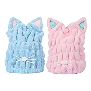 StyleZ 2Pcs Ultra Absorbent Hair Quick Drying Towel Microfiber Hair Dry Wrap Turban Cute Kitty Ears Cap Bath Tool Hat for Women Girl (BabyPink & Blue)