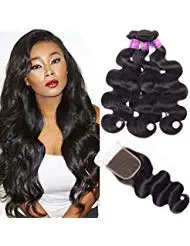 Brazilian Virgin Body Wave 3 Bundles with Free Part Closure Natural Color 100% Unprocessed Human Hair Weave Weft with Lace Closure (20 22 24+18 Inch Free Part) 