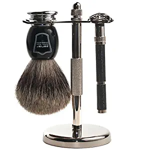 Parker 96R Safety Razor Shave Set - Includes Pure Badger Brush, Stand & Parker 96R Butterfly Open Safety Razor