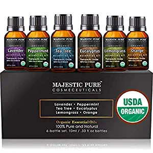 MAJESTIC PURE Aromatherapy Essential Oils Set, Organic Certified Essential Oil Set Includes Lavender, Peppermint, Tea Tree, Eucalyptus, Lemongrass and Orange Oils - Pack of 6-10 ml Each