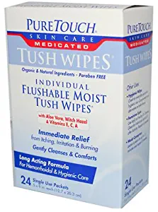 Puretouch Individual Flushable Moist Tush Wipes, 24 Count