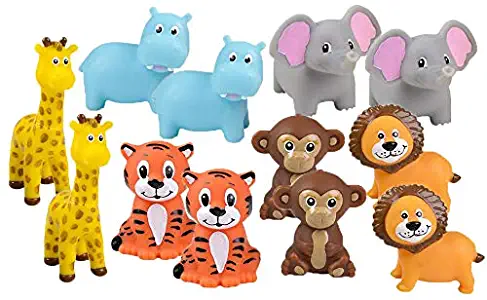 The Dreidel Company Safari Zoo Animals Rubber Toy for Kids, Six Different Animals, Bath Birthday Gifts Baby Showers Classroom Summer Beach and Pool Activity, 2" (12-Pack)