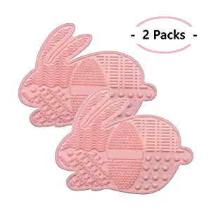 Makeup Brush Cleaning Mat, Futu Silicone Bunny Makeup Brush Cleaner Pad Cosmetic Brush Cleaning Mat Portable Washing Tool Scrubber with Suction Cup, Mint Green- Set of 2 (Pink)