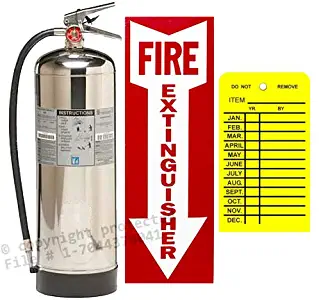 2.5 Gallon Water Pressure Fire Extinguisher, Strike First with Wall Bracket and Inspection Tag and Sign