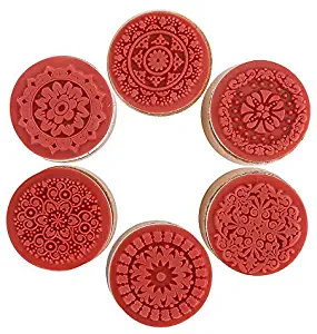 DECORA 6 Pieces Floral Pattern Round Wooden Rubber Stamp for Scrapbooking