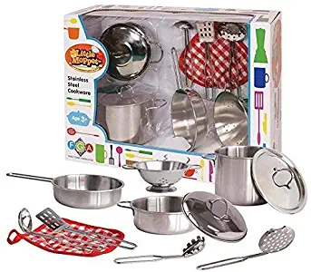 Little Moppet 11 Pieces Stainless Steel Cookware Kitchen Pretend Playset Creative, Fun, Imagination, Junior Chefs for Kids Age 3 and up