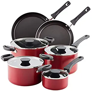 Farberware Neat Nest Space Saving Aluminum Nonstick Cookware Set (Red 10 pc set)