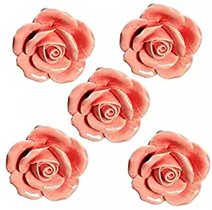 CSKB Pink 5 PCS 40mm Round Rose Ceramic Door Knob Follow Pattern Lovely Handle Pull Knobs Door Cupboard Locker for Kid's Room Drawer,Cabinet,Chest, Bin, Dresser, Cupboard, Etc with Screws